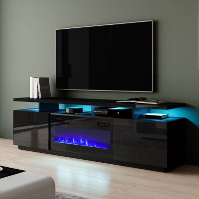 Televizní stolek s krbem a LED osvětlením SALTA - lesklý černý / černý