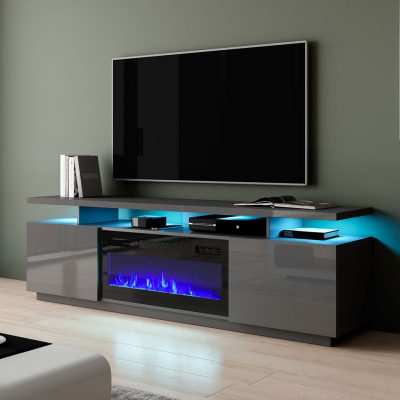 Televizní stolek s krbem a LED osvětlením SALTA - grafitový / lesklý grafitový / černý