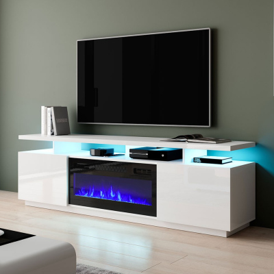Televizní stolek s krbem a LED osvětlením SALTA - bílý / lesklý bílý / černý