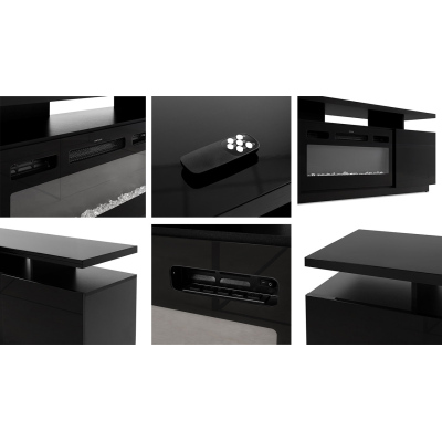 Televizní stolek s krbem SALTA - bílý / lesklý bílý / černý