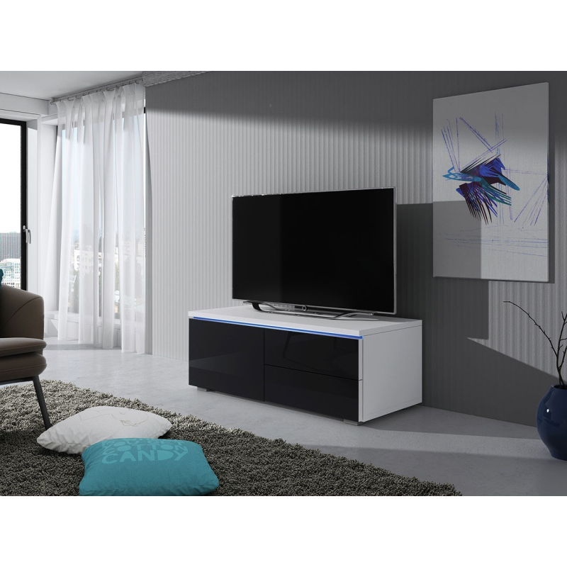 Televizní stolek s LED osvětlením FERNS 11 - bílý / lesklý černý, levý