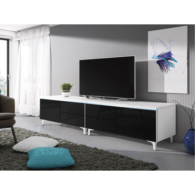 Televizní stolek na nožkách s LED osvětlením FERNS 11 - bílý / lesklý černý