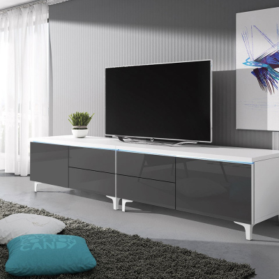 Televizní stolek na nožkách s LED osvětlením FERNS 11 - bílý / lesklý šedý