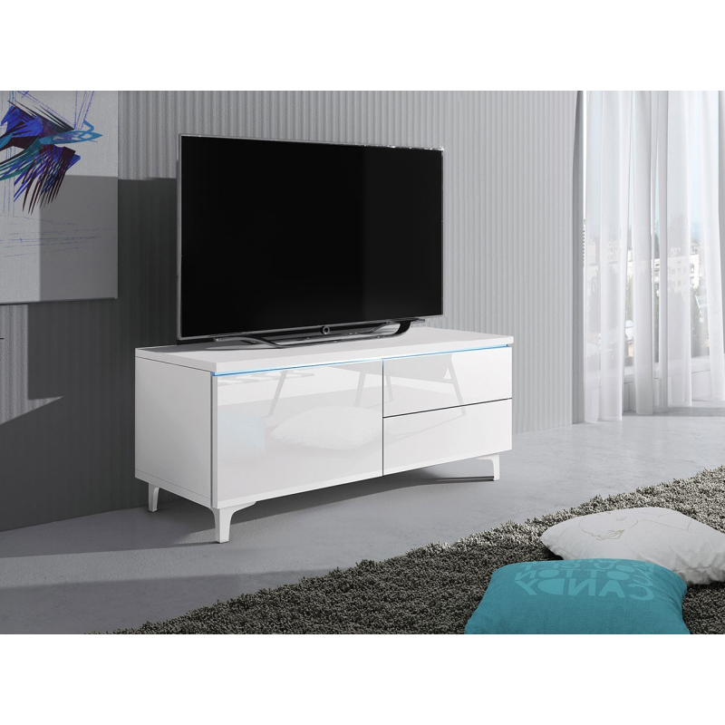 Televizní stolek na nožkách s LED osvětlením FERNS 11 - bílý / lesklý bílý, levý