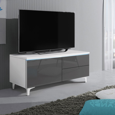 Televizní stolek na nožkách s LED osvětlením FERNS 11 - bílý / lesklý šedý, levý