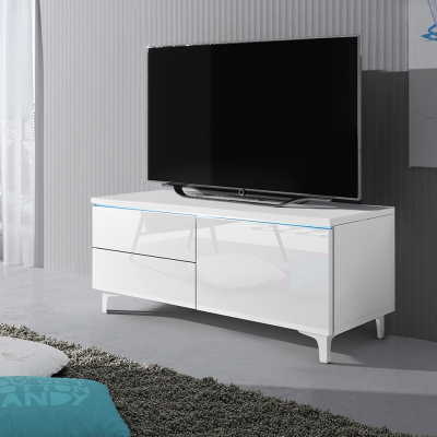 Televizní stolek na nožkách s LED osvětlením FERNS 11 - bílý / lesklý bílý, pravý