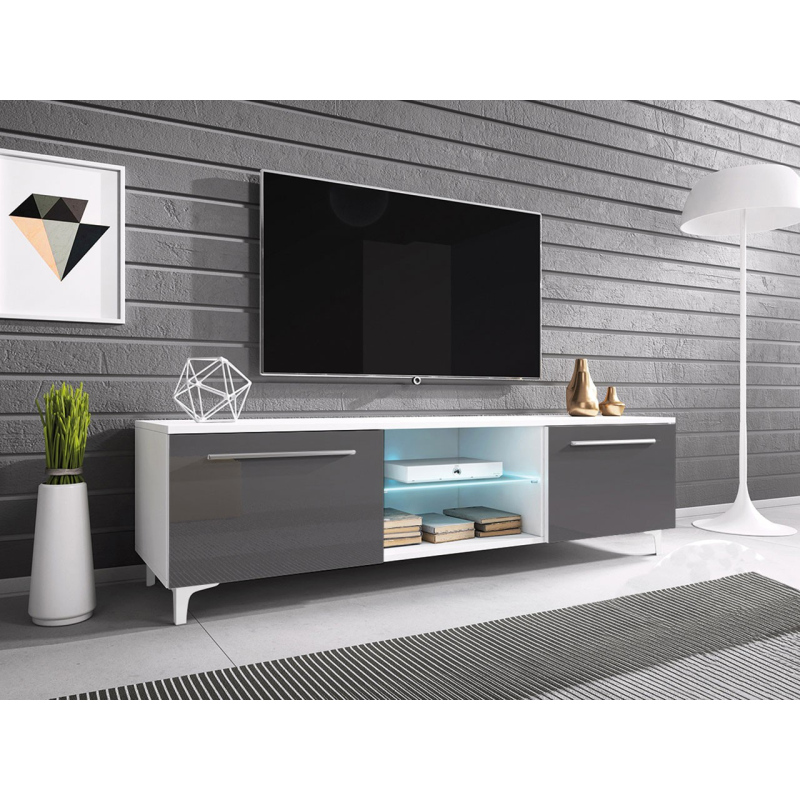 Televizní stolek na nožkách s LED osvětlením FERNS 13 - bílý / lesklý šedý