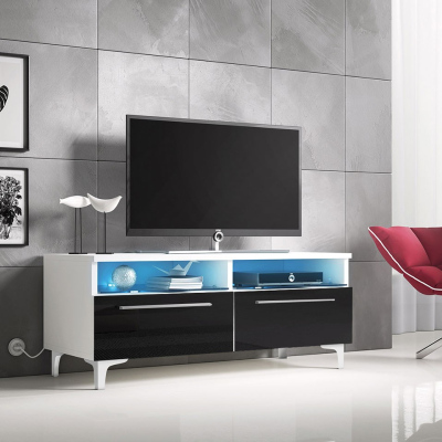 Televizní stolek na nožkách s LED osvětlením FERNS 6 - bílý / lesklý černý