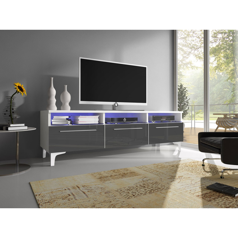 Televizní stolek na nožkách s LED osvětlením FERNS 2 - bílý / lesklý šedý