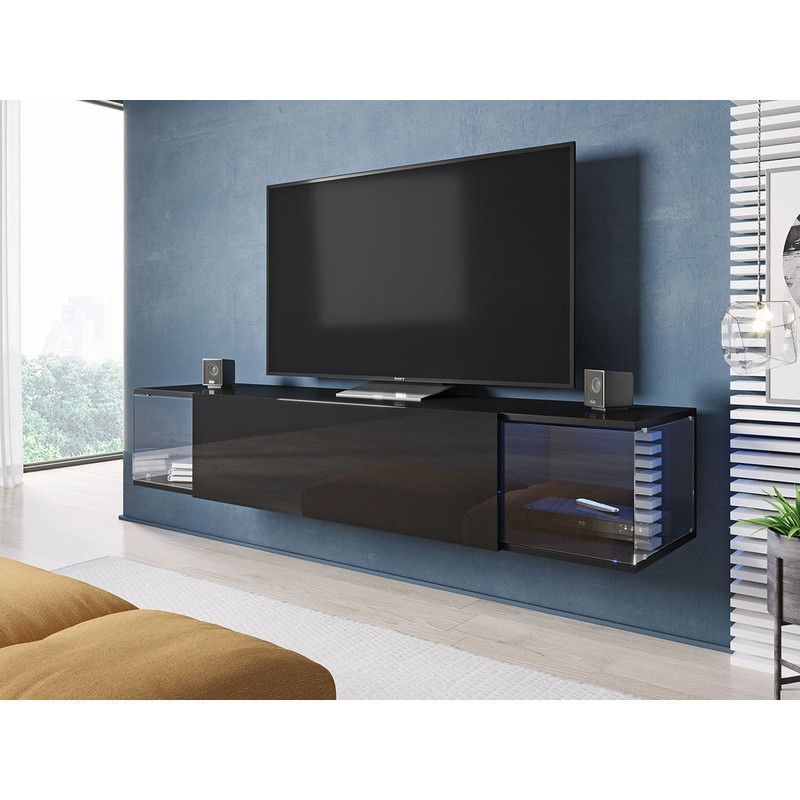 TV stolek s LED modrým osvětlením ASHTON 2 - černý / lesklý černý