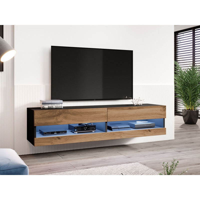 TV stolek s LED bílým osvětlením 180 cm ASHTON 1 - černý / dub wotan