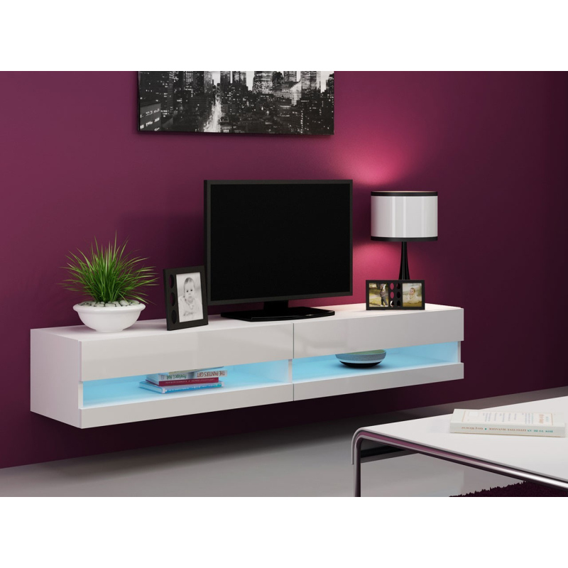 TV stolek s LED modrým osvětlením 180 cm ASHTON 1 - bílý / lesklý bílý