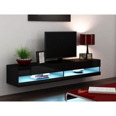 TV stolek s LED bílým osvětlením 180 cm ASHTON 1 - černý / lesklý černý