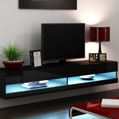 TV stolek s LED modrým osvětlením 180 cm ASHTON 1 - černý / lesklý černý