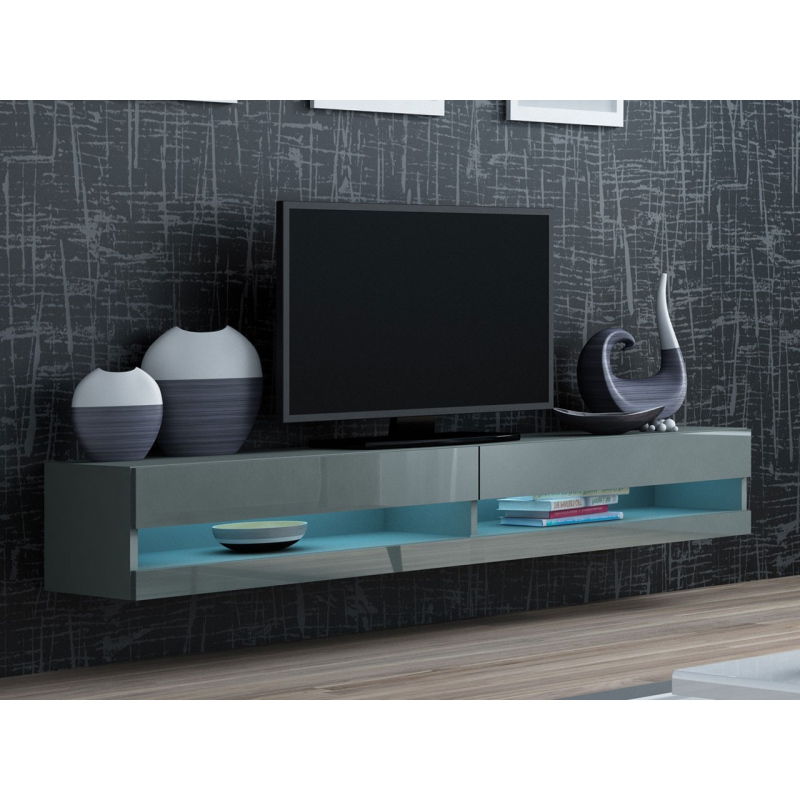 TV stolek s LED bílým osvětlením 180 cm ASHTON 1 - šedý / lesklý šedý