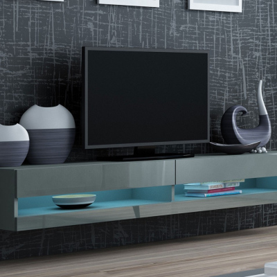 TV stolek s LED modrým osvětlením 180 cm ASHTON 1 - šedý / lesklý šedý