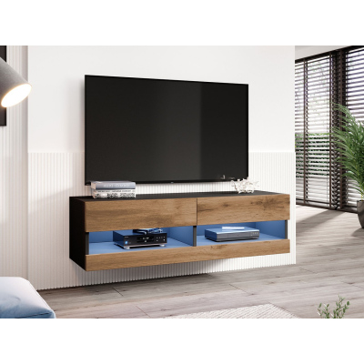 TV stolek s LED modrým osvětlením 140 cm ASHTON 1 - černý / dub wotan