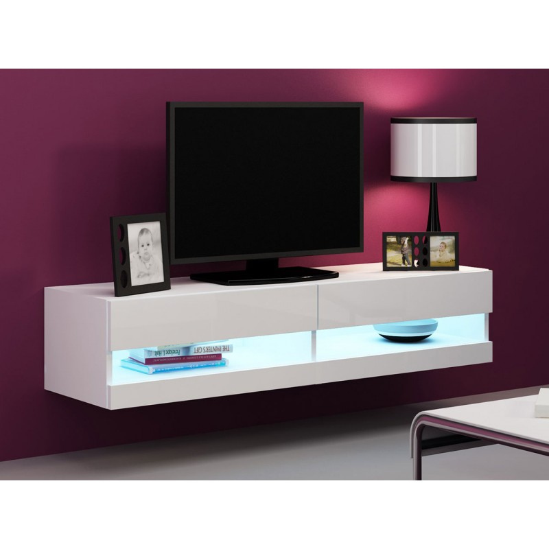 TV stolek s LED modrým osvětlením 140 cm ASHTON 1 - bílý / lesklý bílý