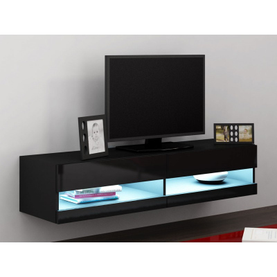 TV stolek s LED bílým osvětlením 140 cm ASHTON 1 - černý / lesklý černý