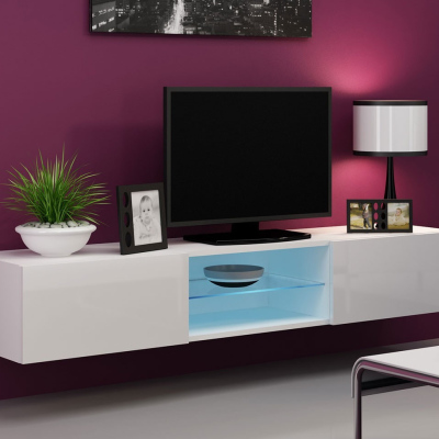 Televizní stolek se skleněnou poličkou a LED modrým osvětlením ASHTON - bílý / lesklý bílý