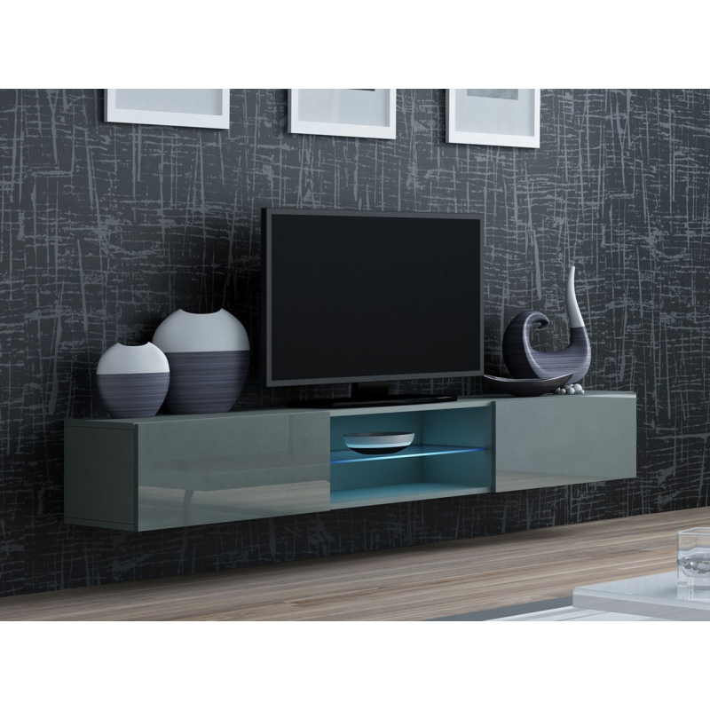 Televizní stolek se skleněnou poličkou a LED bílým osvětlením ASHTON - šedý / lesklý šedý