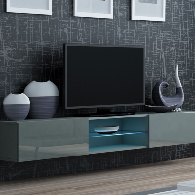 Televizní stolek se skleněnou poličkou a LED modrým osvětlením ASHTON - šedý / lesklý šedý