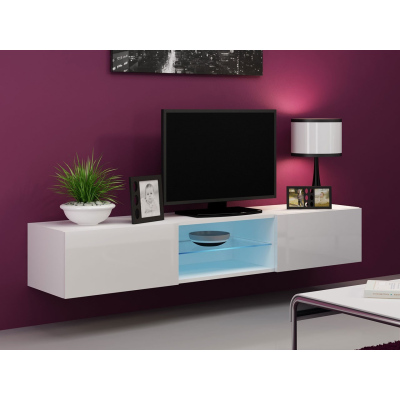 Televizní stolek se skleněnou poličkou a LED RGB osvětlením ASHTON - bílý / lesklý bílý