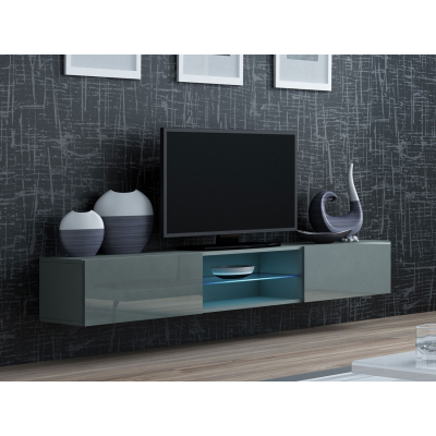 Televizní stolek se skleněnou poličkou a LED RGB osvětlením ASHTON - šedý / lesklý šedý