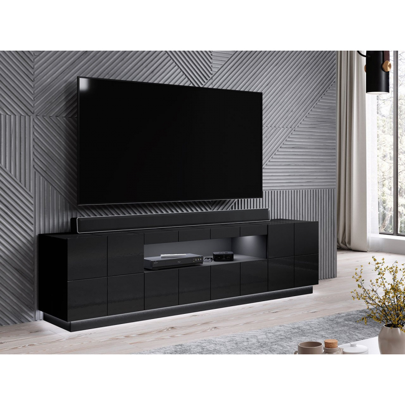 Televizní stolek s LED bílým osvětlením FORMOSA - lesklý černý