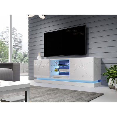 Televizní stolek s LED modrým osvětlením 160 cm LIMA - bílý / lesklý bílý
