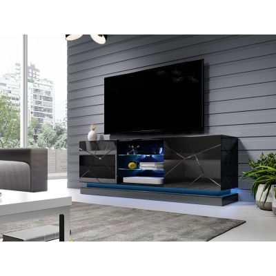 Televizní stolek s LED modrým osvětlením 160 cm LIMA - černý / lesklý černý