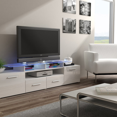 TV stolek s LED bílým osvětlením SOBRAL - bílý / lesklý bílý
