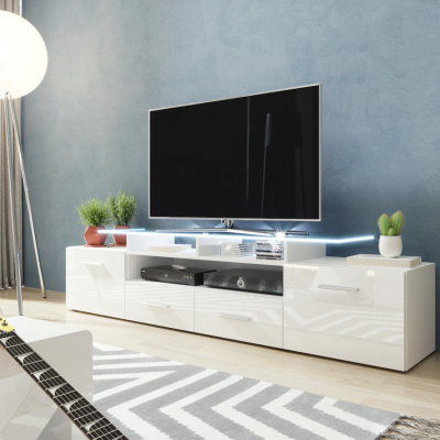 TV stolek s LED bílým osvětlením SOBRAL - bílý / lesklý bílý