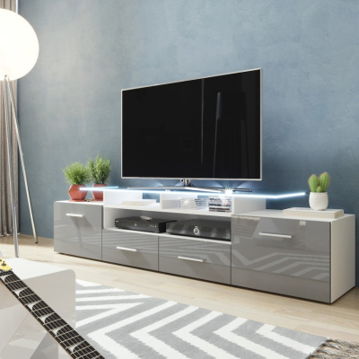 TV stolek s LED bílým osvětlením SOBRAL - bílý / lesklý šedý