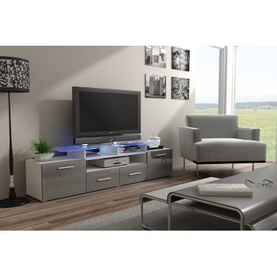 TV stolek s LED bílým osvětlením SOBRAL - bílý / lesklý šedý