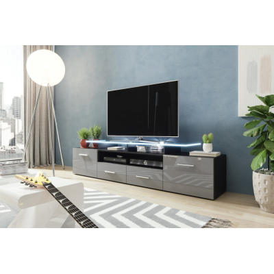 TV stolek s LED bílým osvětlením SOBRAL - černý / lesklý šedý