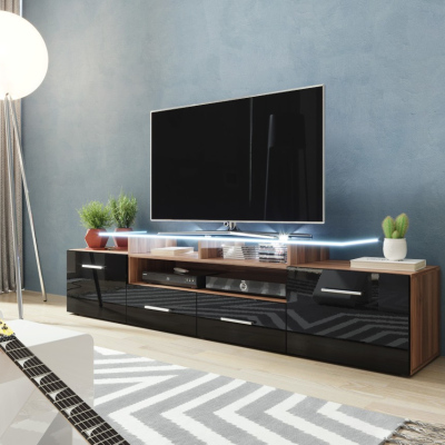 TV stolek s LED bílým osvětlením SOBRAL - švestka / lesklý černý