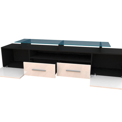 TV stolek s LED bílým osvětlením SOBRAL - černý / lesklý šedý