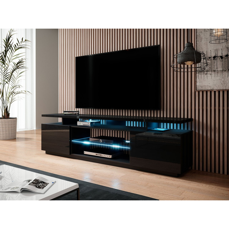 TV stolek s LED bílým osvětlením SALTA - černý / lesklý černý