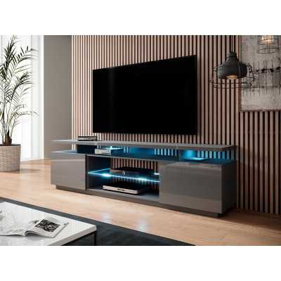 TV stolek s LED bílým osvětlením SALTA - grafitový / lesklý grafitový
