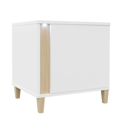 Noční stolek s LED osvětlením BANTRY - bílý / lesklý bílý / přírodní dýha, levý