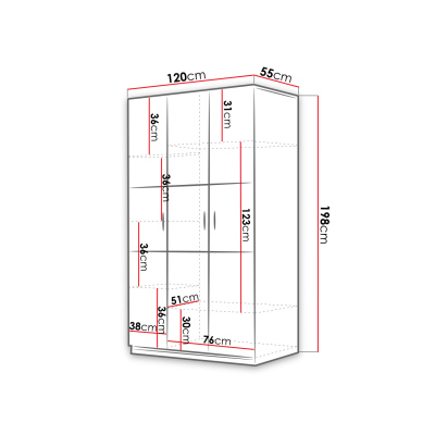 Šatní skříň 120 cm GORT - bílá / lesklá bílá / lesklá šedá