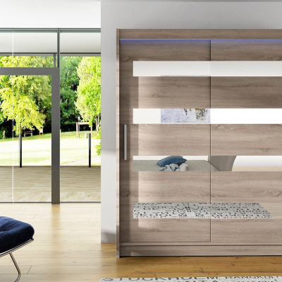 Šatní skříň 150 cm se zrcadlem a LED osvětlením ELADIO 13 - dub lanýž