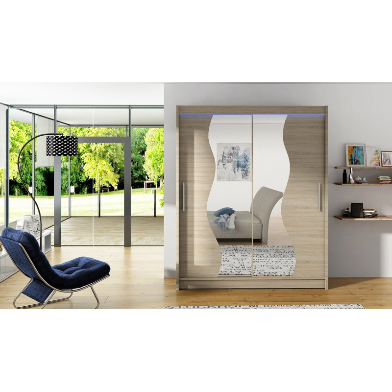 Šatní skříň 150 cm se zrcadlem a LED osvětlením ELADIO S - dub sonoma