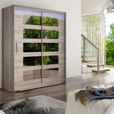 Šatní skříň 150 cm se zrcadlem a LED osvětlením ELADIO 5 - dub lanýž