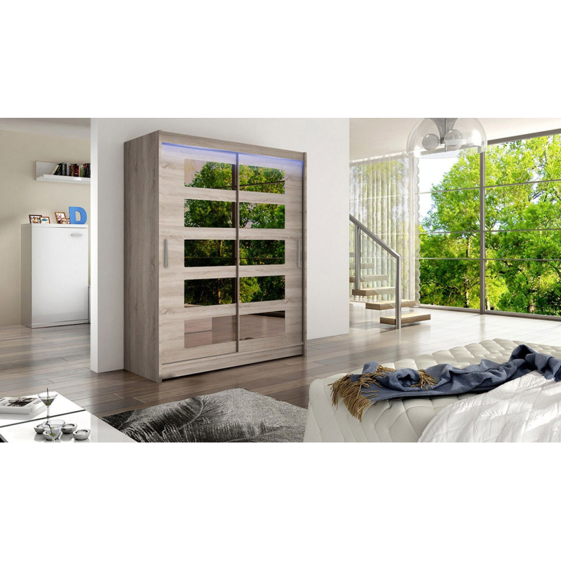 Šatní skříň 150 cm se zrcadlem a LED osvětlením ELADIO 5 - dub lanýž