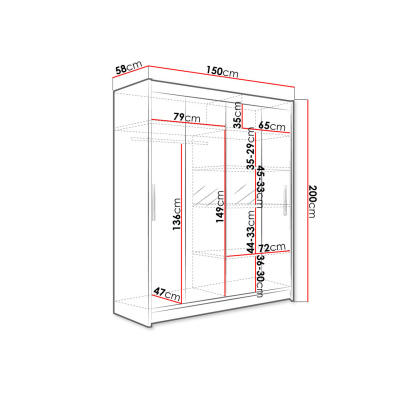 Šatní skříň 150 cm se zrcadlem a LED osvětlením ELADIO 2 - dub lanýž