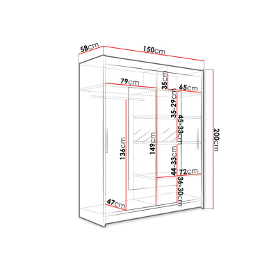 Šatní skříň 150 cm se zrcadlem a LED osvětlením ELADIO 3 - bílá