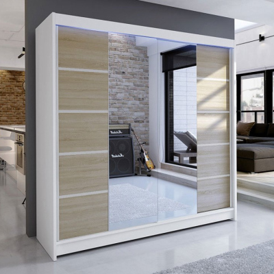 Šatní skříň 180 cm se zrcadlem a LED RGB osvětlením VILMA 5 - bílá / dub sonoma