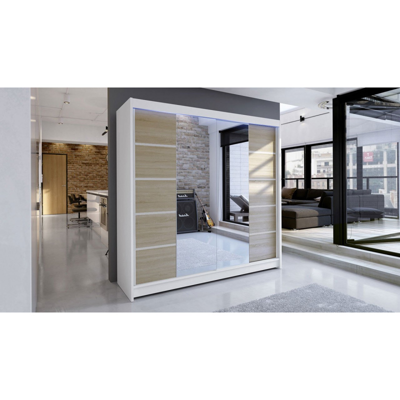 Šatní skříň 180 cm se zrcadlem a LED RGB osvětlením VILMA 5 - bílá / dub sonoma